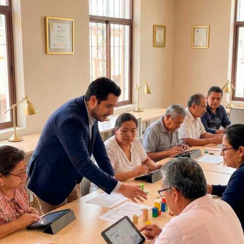 Sesión de capacitación profesional con adultos trabajando en equipo, guiados por un formador
