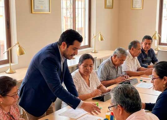 Sesión de capacitación profesional con adultos trabajando en equipo, guiados por un formador